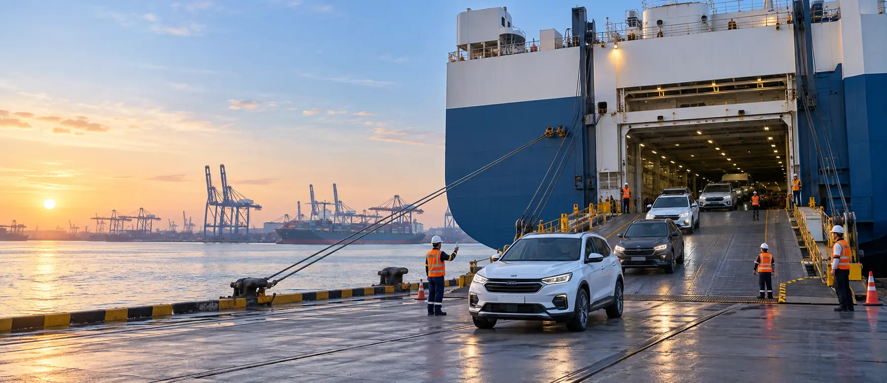 Xe ô tô nhập khẩu được dỡ khỏi tàu RoRo tại cảng, minh họa chuỗi dịch vụ đưa xe vào Việt Nam